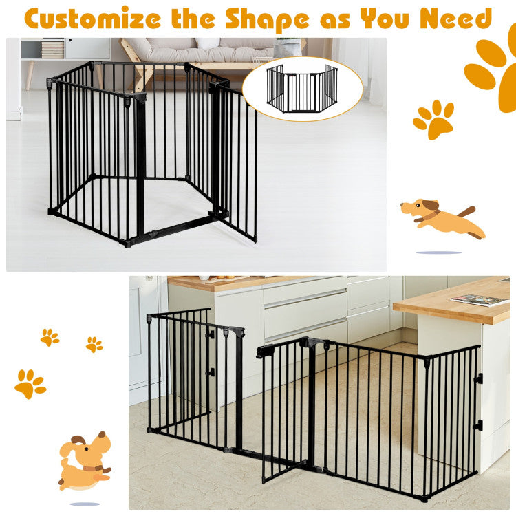 115 Inch Length 5 Panel Adjustable Wide Fireplace Metal Fence 3-In-1 Heavy-Duty Steel Gate Pet Playpen with Double Safety Lock