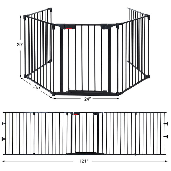 115 Inch Length 5 Panel Adjustable Wide Fireplace Metal Fence 3-In-1 Heavy-Duty Steel Gate Pet Playpen with Double Safety Lock