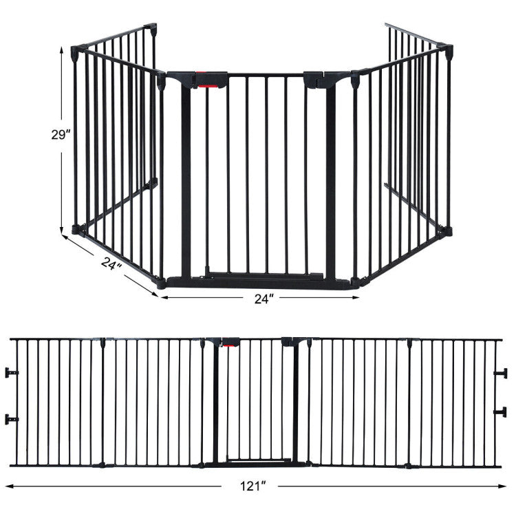 115 Inch Length 5 Panel Adjustable Wide Fireplace Metal Fence 3-In-1 Heavy-Duty Steel Gate Pet Playpen with Double Safety Lock