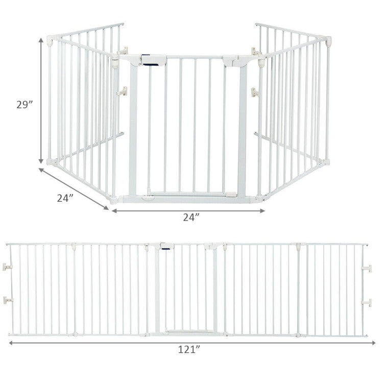 115 Inch Length 5 Panel Adjustable Wide Fireplace Metal Fence 3-In-1 Heavy-Duty Steel Gate Pet Playpen with Double Safety Lock