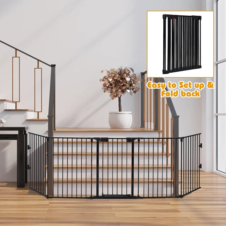 115 Inch Length 5 Panel Adjustable Wide Fireplace Metal Fence 3-In-1 Heavy-Duty Steel Gate Pet Playpen with Double Safety Lock