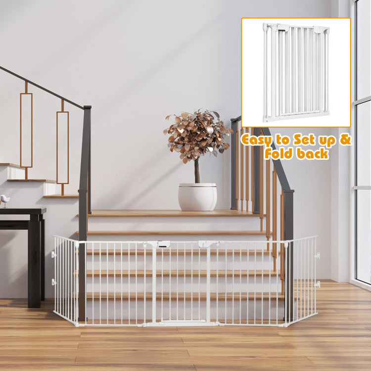 115 Inch Length 5 Panel Adjustable Wide Fireplace Metal Fence 3-In-1 Heavy-Duty Steel Gate Pet Playpen with Double Safety Lock