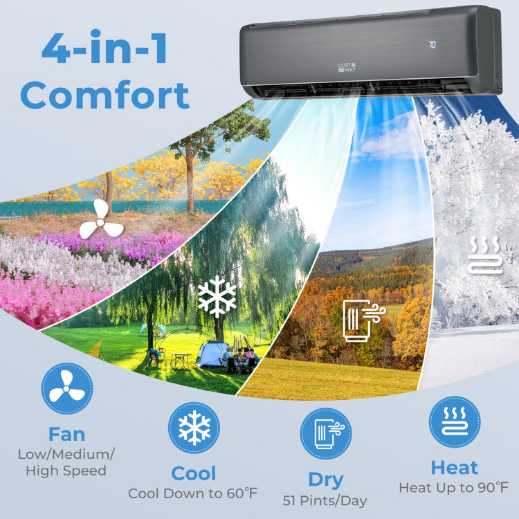 12000 BTU 4-in-1 Mini Split Air Conditioner &amp; Heater 21 SEER2 208-230V Inverter AC Unit with Remote Control and Installation Kit