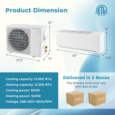 12000 BTU Mini Split Air Conditioner and Heater 21 SEER2 208-230V Wall-Mounted Ductless AC Unit with Remote Control and Self-Cleaning Function