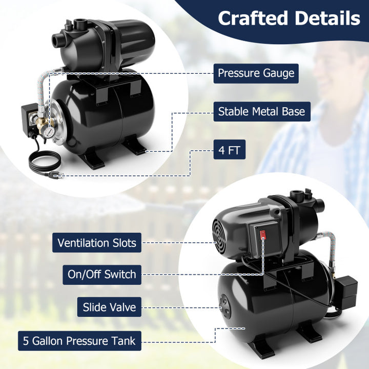 1200W 1.6HP Shallow Well Pump 1000GPH Garden Water Pump Jet with Pressure Tank for Garden Irrigation