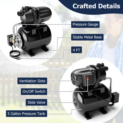 1200W 1.6HP Shallow Well Pump 1000GPH Garden Water Pump Jet with Pressure Tank for Garden Irrigation
