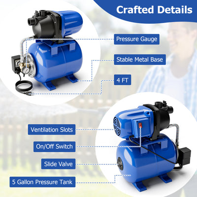1200W 1.6HP Shallow Well Pump 1000GPH Garden Water Pump Jet with Pressure Tank for Garden Irrigation