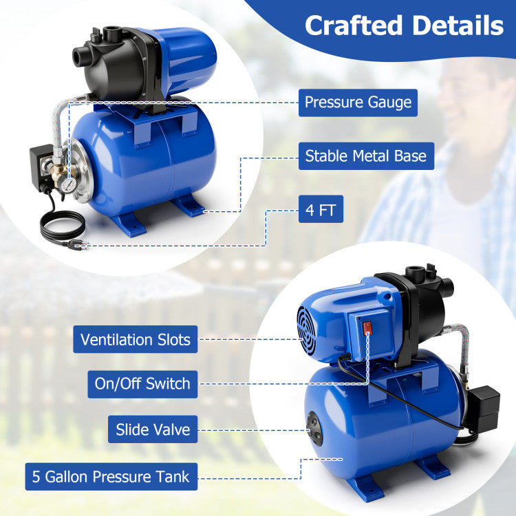 1200W 1.6HP Shallow Well Pump 1000GPH Garden Water Pump Jet with Pressure Tank for Garden Irrigation
