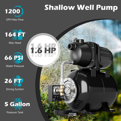 1200W 1.6HP Shallow Well Pump 1000GPH Garden Water Pump Jet with Pressure Tank for Garden Irrigation