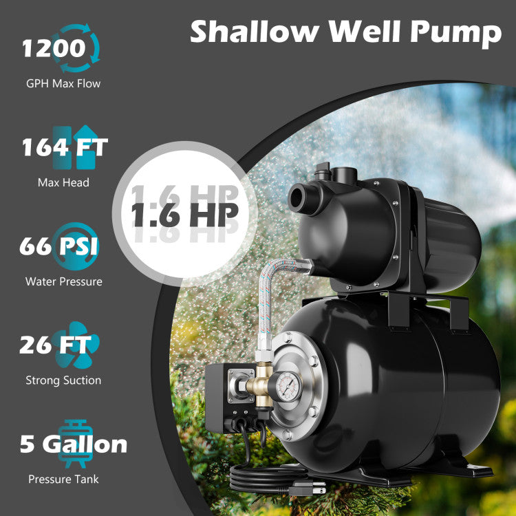 1200W 1.6HP Shallow Well Pump 1000GPH Garden Water Pump Jet with Pressure Tank for Garden Irrigation