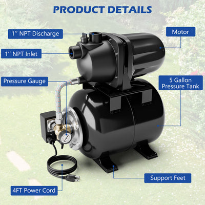 1200W 1.6HP Shallow Well Pump 1000GPH Garden Water Pump Jet with Pressure Tank for Garden Irrigation