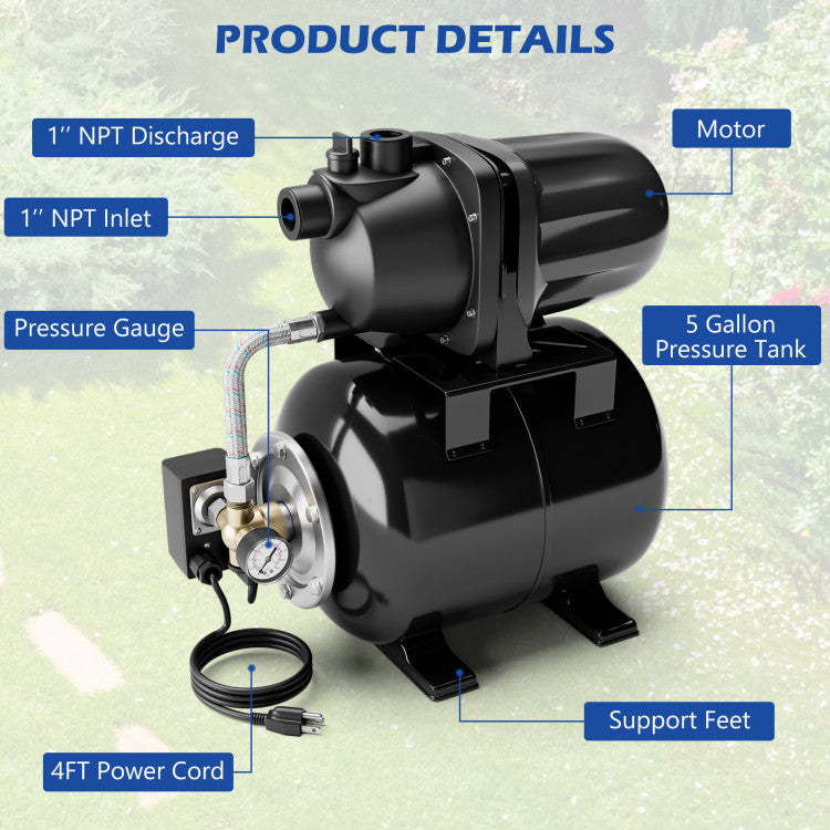 1200W 1.6HP Shallow Well Pump 1000GPH Garden Water Pump Jet with Pressure Tank for Garden Irrigation