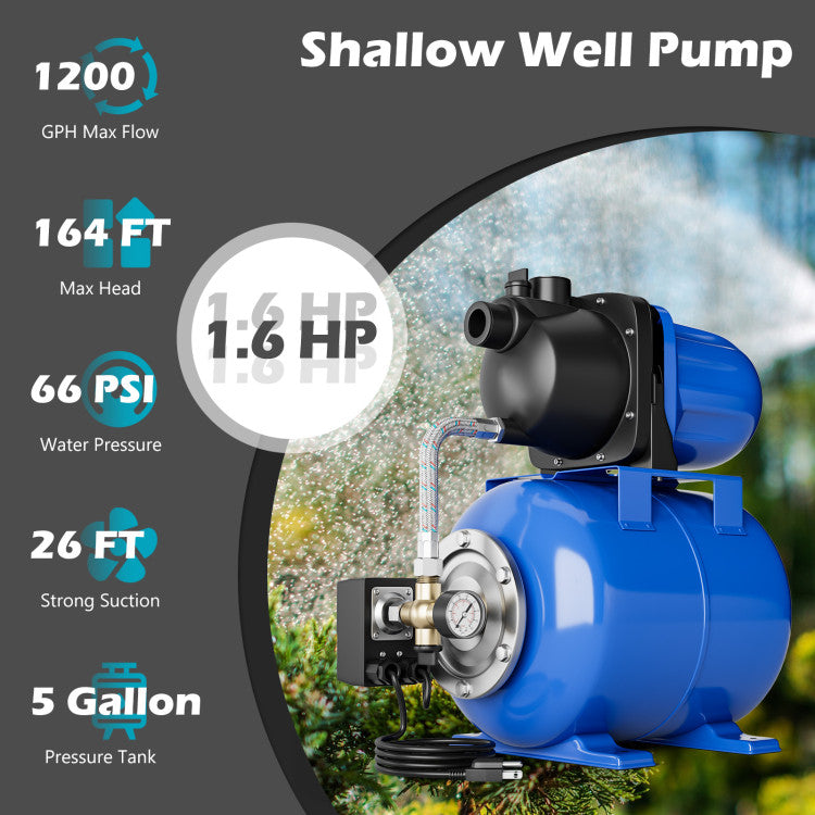 1200W 1.6HP Shallow Well Pump 1000GPH Garden Water Pump Jet with Pressure Tank for Garden Irrigation