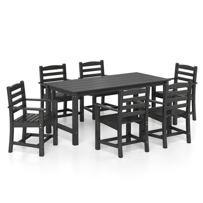 7 Pieces Outdoor Dining Table Set for 6 People 67” HDPE Patio Rectangle Table and 6 Armchairs
