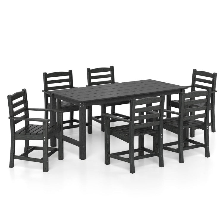 7 Pieces Outdoor Dining Table Set for 6 People 67” HDPE Patio Rectangle Table and 6 Armchairs