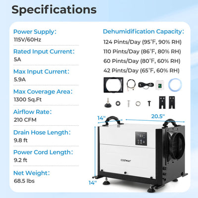 124 PPD Commercial Dehumidifier 1300 Sq.Ft Crawl Space Dehumidifier with 24H Timer and 3 Working Modes for Basement Warehouse