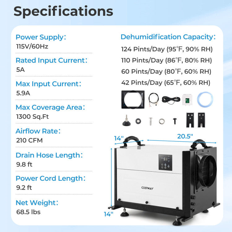 124 PPD Commercial Dehumidifier 1300 Sq.Ft Crawl Space Dehumidifier with 24H Timer and 3 Working Modes for Basement Warehouse