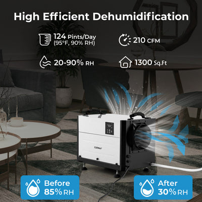 124 PPD Commercial Dehumidifier 1300 Sq.Ft Crawl Space Dehumidifier with 24H Timer and 3 Working Modes for Basement Warehouse