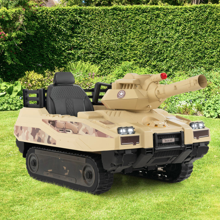 12V 12AH Kids Ride On Car Electric Toy Tank with Rubber Tracks and Rotatable Turret