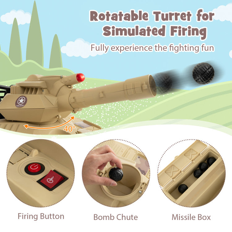 12V 12AH Kids Ride On Car Electric Toy Tank with Rubber Tracks and Rotatable Turret