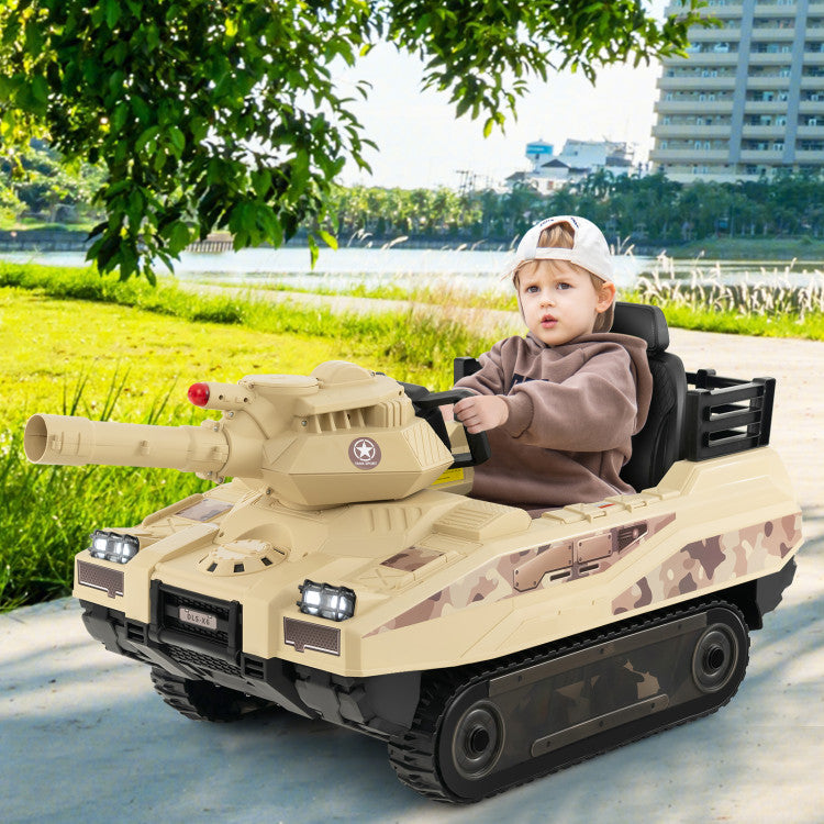12V 12AH Kids Ride On Car Electric Toy Tank with Rubber Tracks and Rotatable Turret
