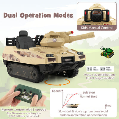 12V 12AH Kids Ride On Car Electric Toy Tank with Rubber Tracks and Rotatable Turret
