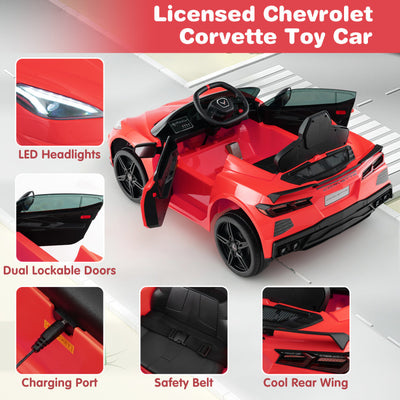 12V Kids Ride On Car Electric Licensed Chevrolet Corvette C8 with Remote Control and Bluetooth Music MP3 Player