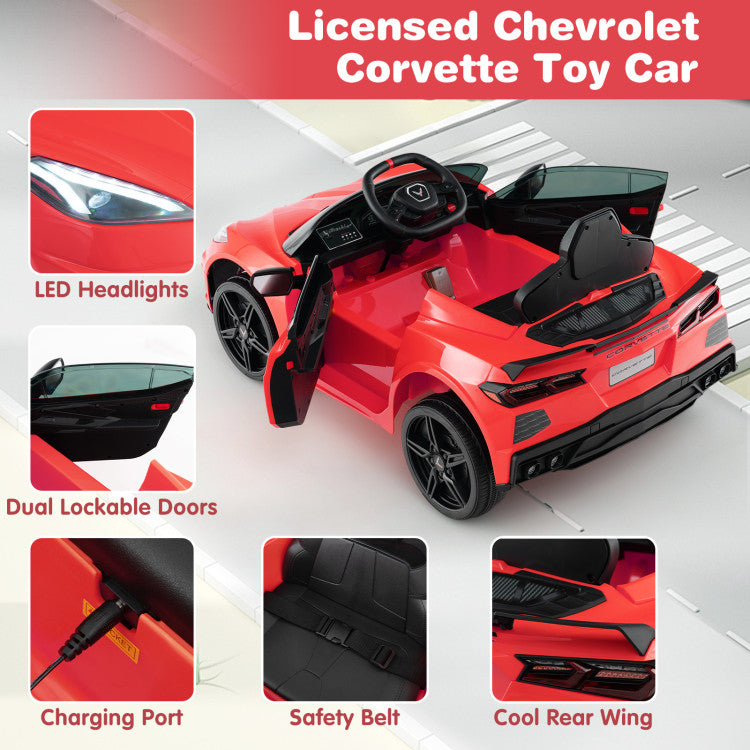 12V Kids Ride On Car Electric Licensed Chevrolet Corvette C8 with Remote Control and Bluetooth Music MP3 Player