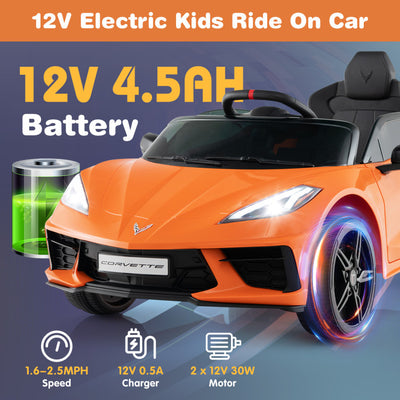 12V Kids Ride On Car Electric Licensed Chevrolet Corvette C8 with Remote Control and Bluetooth Music MP3 Player