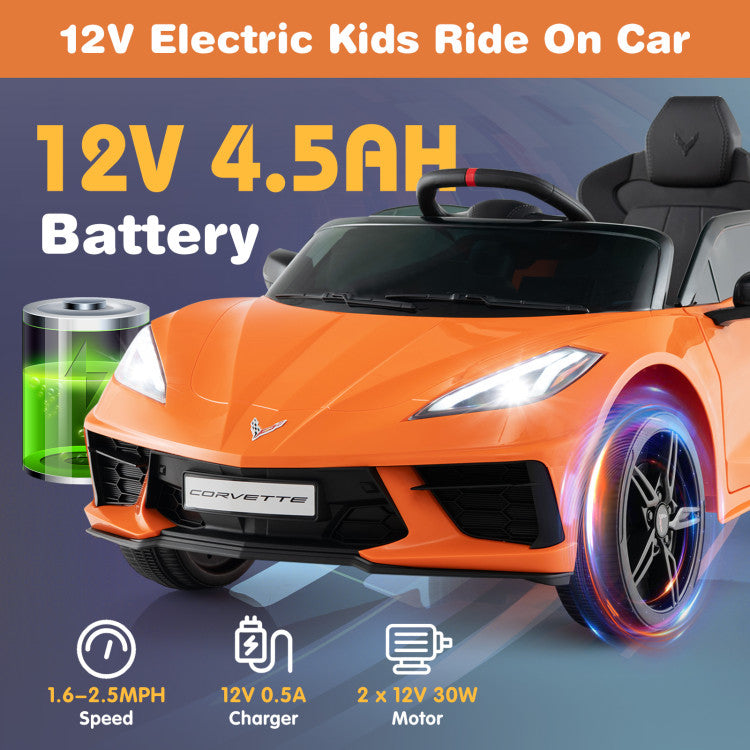12V Kids Ride On Car Electric Licensed Chevrolet Corvette C8 with Remote Control and Bluetooth Music MP3 Player