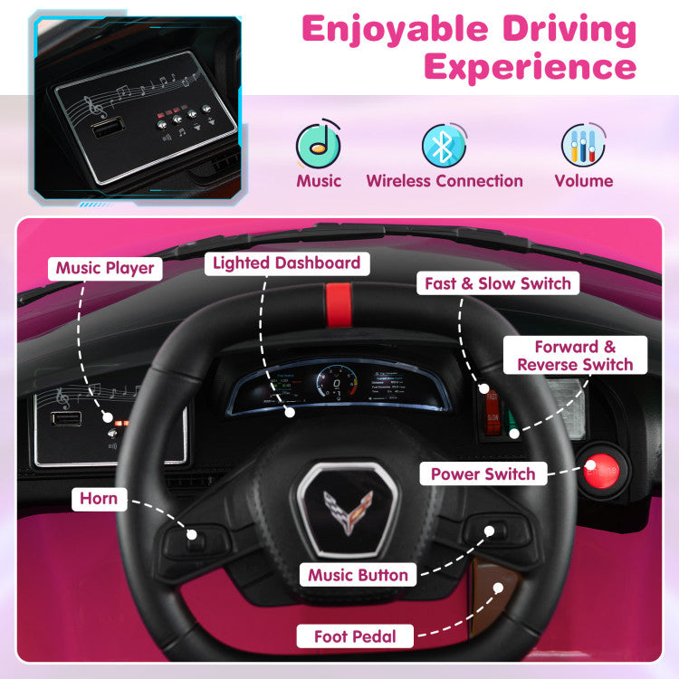 12V Kids Ride On Car Electric Licensed Chevrolet Corvette C8 with Remote Control and Bluetooth Music MP3 Player