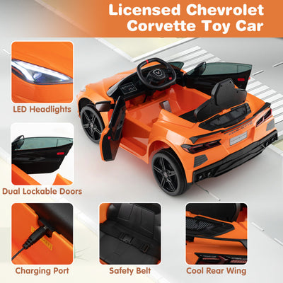 12V Kids Ride On Car Electric Licensed Chevrolet Corvette C8 with Remote Control and Bluetooth Music MP3 Player