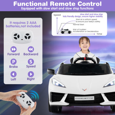 12V Kids Ride On Car Electric Licensed Chevrolet Corvette C8 with Remote Control and Bluetooth Music MP3 Player