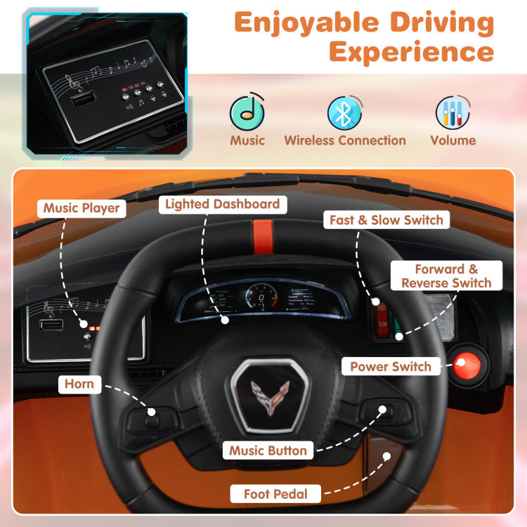 12V Kids Ride On Car Electric Licensed Chevrolet Corvette C8 with Remote Control and Bluetooth Music MP3 Player