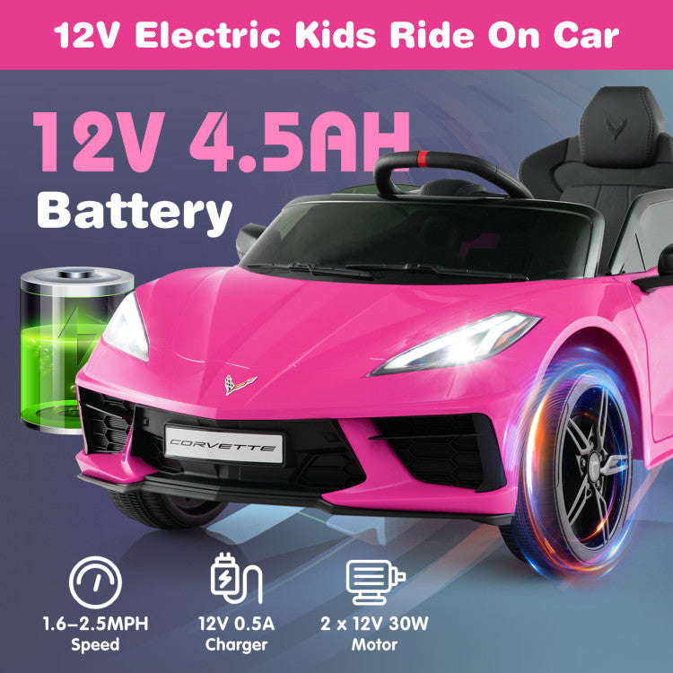 12V Kids Ride On Car Electric Licensed Chevrolet Corvette C8 with Remote Control and Bluetooth Music MP3 Player