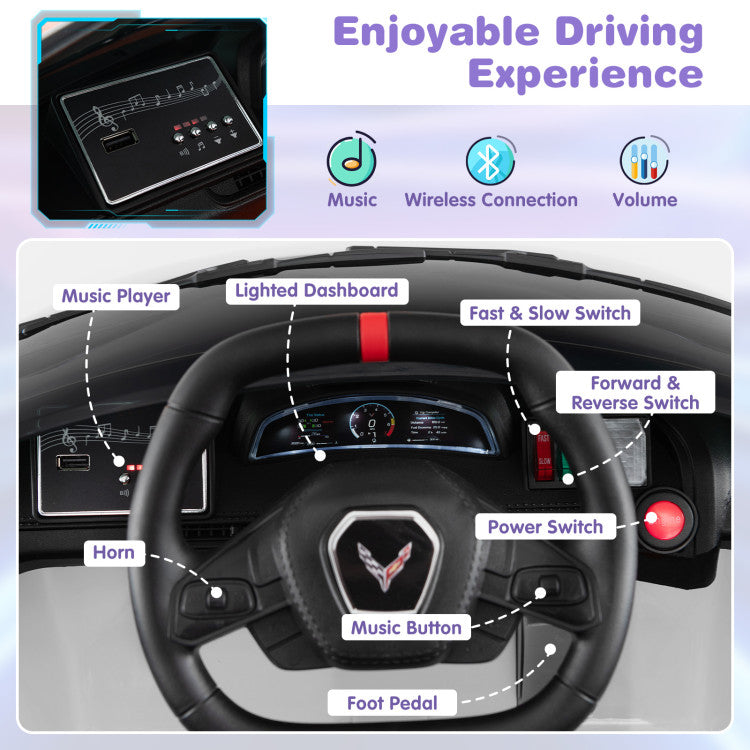 12V Kids Ride On Car Electric Licensed Chevrolet Corvette C8 with Remote Control and Bluetooth Music MP3 Player