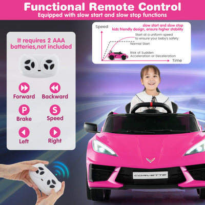 12V Kids Ride On Car Electric Licensed Chevrolet Corvette C8 with Remote Control and Bluetooth Music MP3 Player