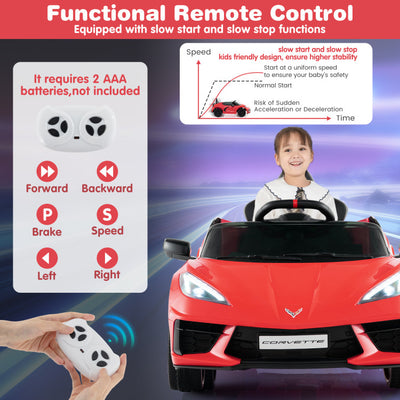 12V Kids Ride On Car Electric Licensed Chevrolet Corvette C8 with Remote Control and Bluetooth Music MP3 Player