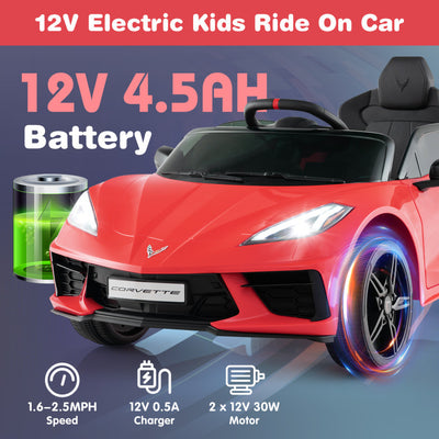 12V Kids Ride On Car Electric Licensed Chevrolet Corvette C8 with Remote Control and Bluetooth Music MP3 Player