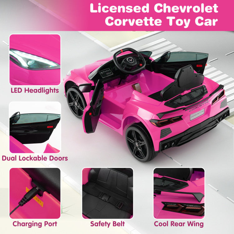 12V Kids Ride On Car Electric Licensed Chevrolet Corvette C8 with Remote Control and Bluetooth Music MP3 Player