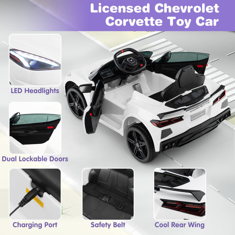 12V Kids Ride On Car Electric Licensed Chevrolet Corvette C8 with Remote Control and Bluetooth Music MP3 Player