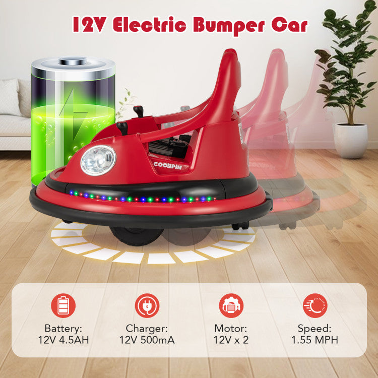 12V Kids Ride On Bumper Car 360° Spin Electric Toy Car with Remote Control and Dual Joysticks for Boys Girls