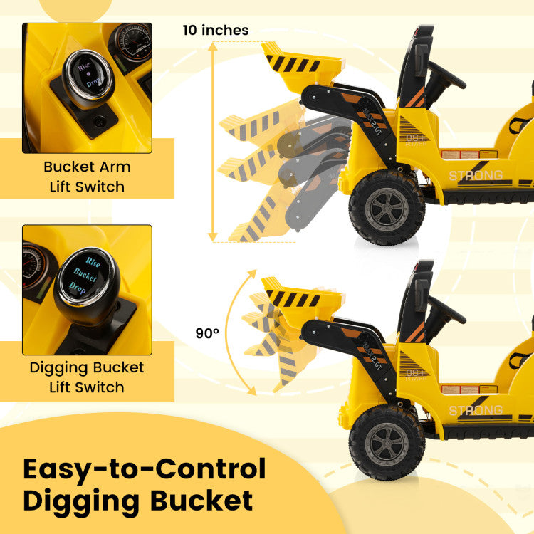 12V Kids Ride On Toy Excavator Electric Vehicle Construction Tractor with Adjustable Bucket and Side Guardrails