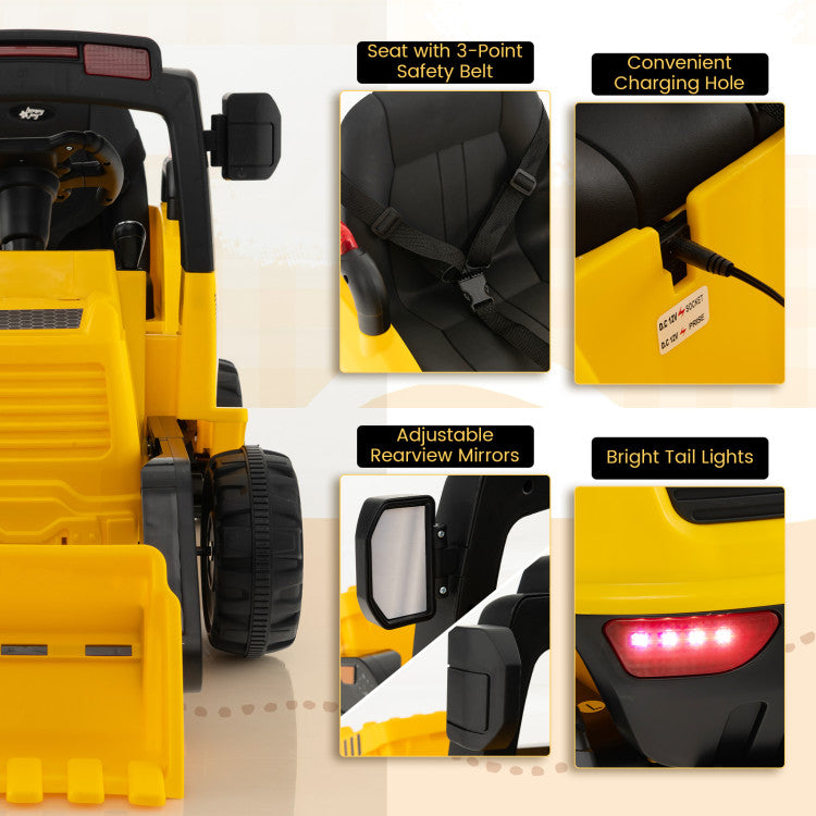 12V Kids Ride On Toy Excavator Electric Vehicle Construction Tractor with Adjustable Bucket and Side Guardrails
