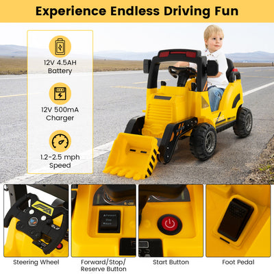 12V Kids Ride On Toy Excavator Electric Vehicle Construction Tractor with Adjustable Bucket and Side Guardrails