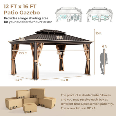 12' x 16' Outdoor Hardtop Gazebo All-Weather Double-Roof Metal Pavilion with Nettings and Sidewalls