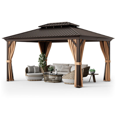 12' x 16' Outdoor Hardtop Gazebo All-Weather Double-Roof Metal Pavilion with Nettings and Sidewalls