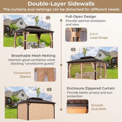 12' x 16' Outdoor Hardtop Gazebo All-Weather Double-Roof Metal Pavilion with Nettings and Sidewalls