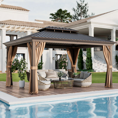 12' x 16' Outdoor Hardtop Gazebo All-Weather Double-Roof Metal Pavilion with Nettings and Sidewalls