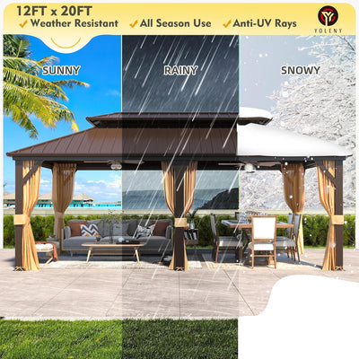 12' x 20' Double Roof Hardtop Gazebo Outdoor All-Weather Galvanized Pavilion with Nettings and Curtains for Gardens